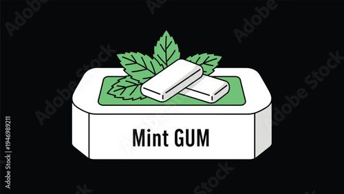 Fresh mint gum in a white package with two pieces of gum and vibrant green mint leaves on a clean black background.