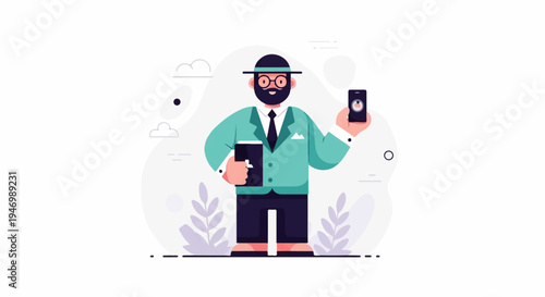Animated man with glasses and hat holds tablet and phone