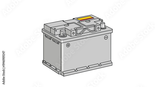 Standard 12V car battery with positive and negative terminals clearly visible, essential for vehicle power and starting, presented in an isometric view.