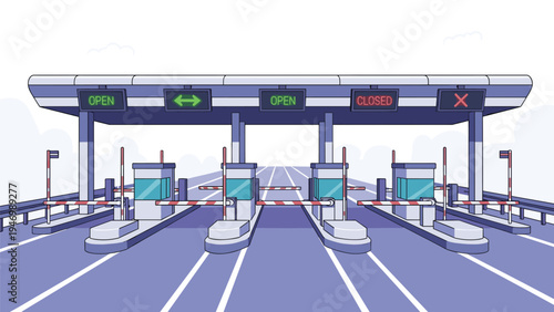 Modern toll plaza featuring multiple open and closed lanes with clear signage, illuminated by overhead lights on a highway under a cloudy sky.
