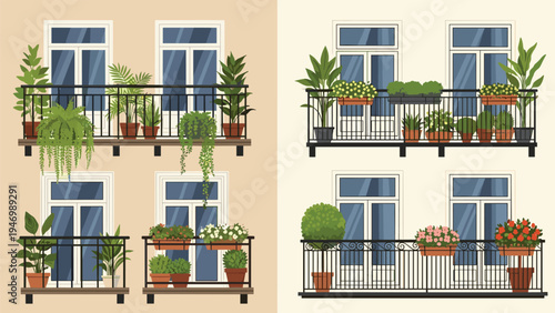 Collection of residential building facades featuring balconies adorned with an array of lush potted plants and colorful flowers, enhancing urban aesthetics.