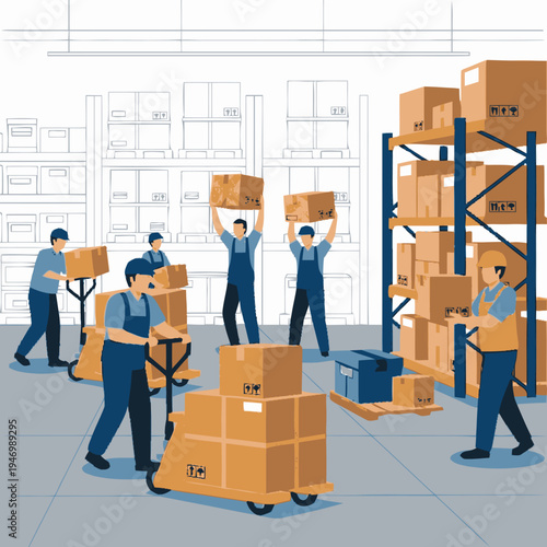 Workers loading and stacking cardboard boxes in a warehouse.