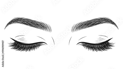 Detailed illustration of closed eyes with long, voluminous eyelashes and perfectly applied eyeliner, emphasizing beauty and makeup artistry.