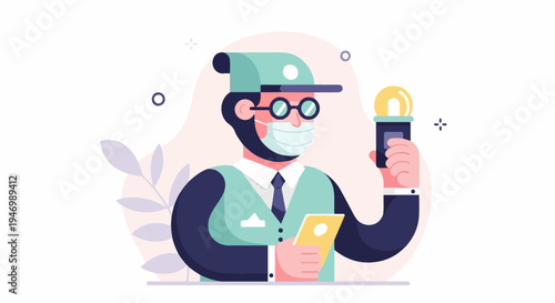 Man with glasses, mask, and cap holds phone and camera flash