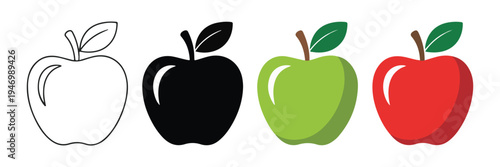 Diverse apple icons including outline solid black green and red variants