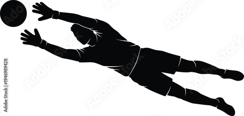 Soccer goalkeeper silhouette icon, diving save graphic, sports action symbol, athletic motion figure, football defense illustration, black vector, white background