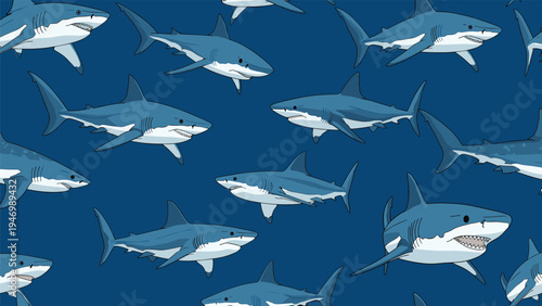 Dynamic seamless pattern featuring multiple great white sharks swimming in deep blue water, creating an intriguing and slightly ominous aquatic design.