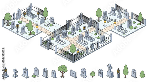 Detailed isometric illustration of a peaceful graveyard or cemetery, complete with various gravestones, trees, fences, and lanterns, in an organized layout.