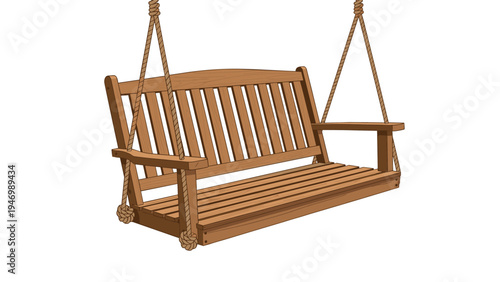 Traditional wooden porch swing, crafted with slatted seats and backrests, suspended by ropes, inviting relaxation and outdoor enjoyment.