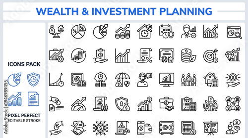 Wealth and Investment Outline Vector Icon Set — Financial Planning and Growth Editable Stroke Icons for Web and App UI
