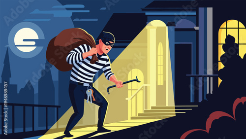 Masked thief escaping from a house at night, carrying a sack of stolen goods and a crowbar, illuminated by a spotlight, depicting a burglary scene.