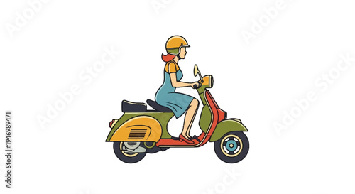 Woman riding scooter illustration isolated white background