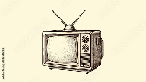 Retro-style vintage television set with rabbit-ear antennas, featuring a classic design reminiscent of broadcasting from an earlier era, in a hand-drawn style.