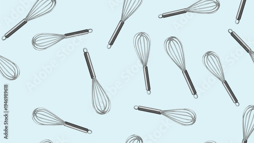 Playful seamless pattern featuring multiple kitchen whisks scattered across a light blue background, perfect for culinary and baking-themed designs.