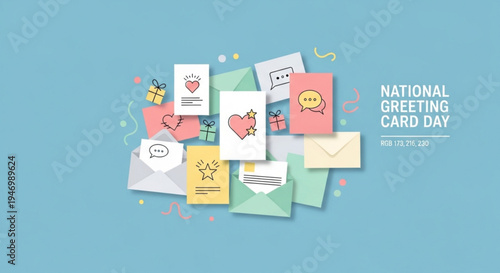 National greeting card day celebration with colorful cards and envelopes on blue background