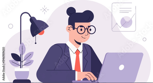 Person in suit and tie at desk with laptop, lamp, and plant