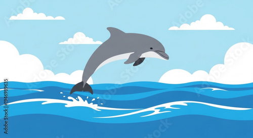 A gray dolphin jumping out of the ocean with a splash on a sunny day with blue waves and white clouds
