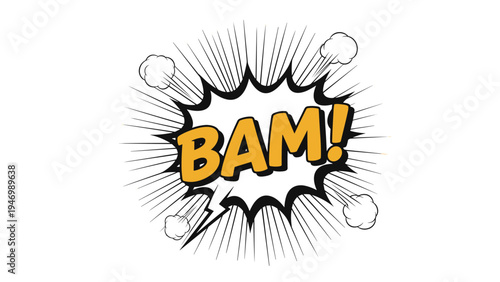 Dynamic comic book-style speech bubble with the word "BAM!" in bold yellow letters, surrounded by an explosion effect and smoke, signifying impact or surprise.