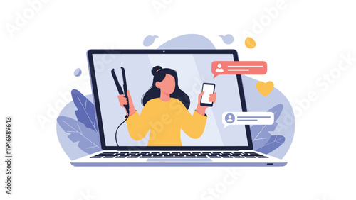 Woman on a laptop screen displaying a beauty vlog, where she holds a hair straightener and smartphone, with social media icons floating around.