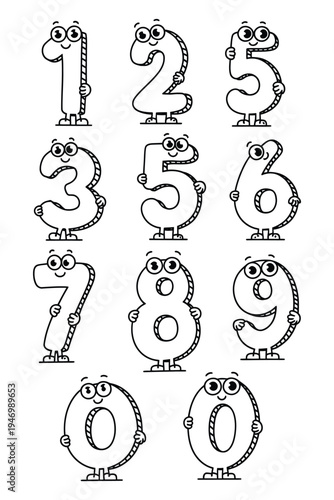 Set of funny cartoon numbers characters with eyes and legs from one to nine and two zeros isolated on transparent background