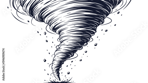 Intense hand-drawn illustration of a powerful vortex or tornado, depicted with swirling lines and scattered debris, conveying raw natural force.