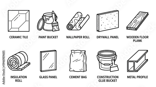 A graphic collection of ten simple line art icons depicting various building and renovation materials, including tiles, paint, wallpaper, and metal profiles.
