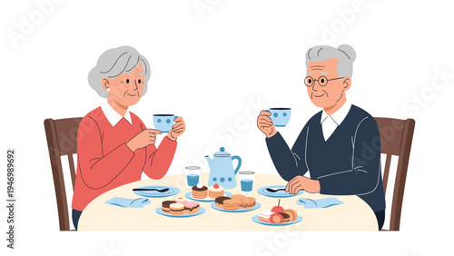 Cheerful elderly couple enjoying a delightful tea time together at a table, sharing a spread of pastries and hot beverages, signifying companionship and relaxation.