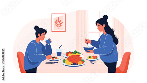 Two women sharing a festive Thanksgiving or holiday meal together, with one serving food and the other enjoying a drink at a decorated dining table.