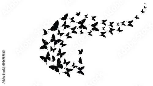 Dynamic swarm of black butterfly silhouettes in various sizes, gracefully flying in a flowing, wave-like pattern across a white background.