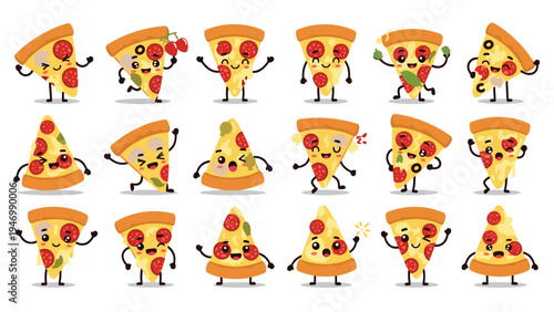 Adorable collection of pizza slice characters displaying a range of happy and cheerful emotions and poses, perfect for playful food-themed designs.