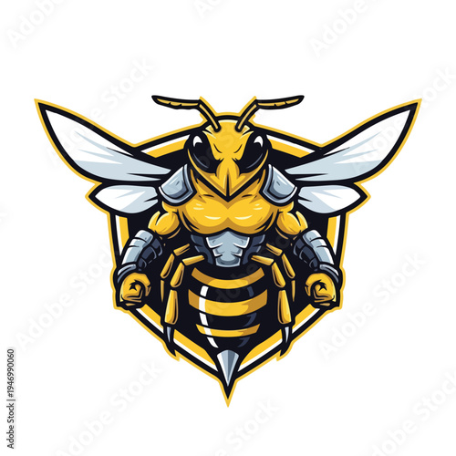 A muscular cartoon bee with an angry expression wearing armor and a shield makes a fierce esport mascot with bold black, yellow, and gray colors