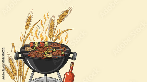 Classic barbecue grill filled with sizzling meats and vegetables, surrounded by golden wheat stalks and a wine bottle, perfect for outdoor dining.