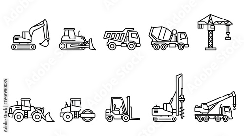 A collection of clean line art icons representing various heavy construction vehicles and machinery on a white background, perfect for design projects.