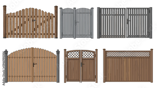 Diverse collection of wooden and metal fences and gates, showcasing various designs and materials suitable for different property boundaries and architectural styles.