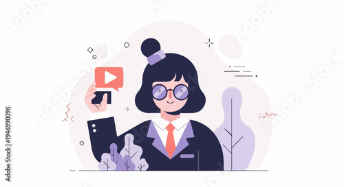 A person in glasses holds a phone with a play button icon floating above