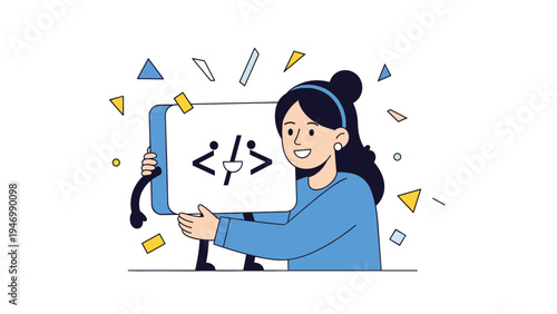 Smiling woman confidently holding up a screen displaying code symbols, celebrating successful programming and software development in a vibrant, abstract setting.