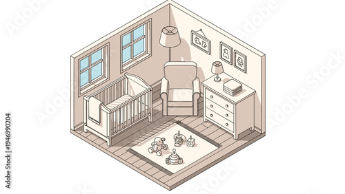 Isometric illustration of a cozy baby's room, featuring a charming crib, comfortable armchair, dresser, two windows, and various children's toys on a rug.