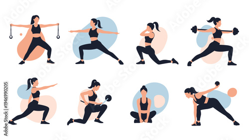 Set of flat vector illustrations showcasing women performing diverse fitness exercises, including lunges, squats, and resistance training, demonstrating active healthy lifestyles.