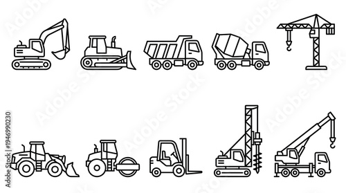 A collection of black and white line art icons representing various construction vehicles, perfect for illustrating industry themes and projects.