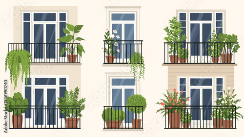 Beautiful set of six apartment balconies adorned with an assortment of vibrant potted plants, lush greenery, and colorful flowers, enhancing urban living spaces.