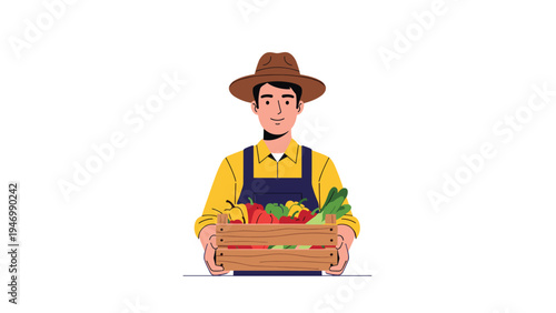 Smiling male farmer wearing a hat and apron, proudly holding a wooden crate overflowing with a colorful assortment of fresh organic vegetables.
