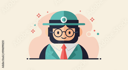 Cartoonish figure with beard, glasses, hat, and tie on a pastel background