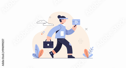 Character walks holding briefcase and play button symbol