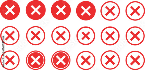 Red cross mark icon set in circle buttons, cancel close delete wrong symbol collection for error notification and user interface design
