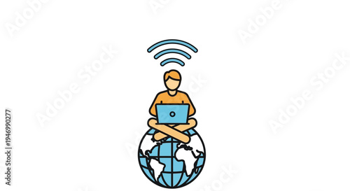 Man sitting on globe with laptop.