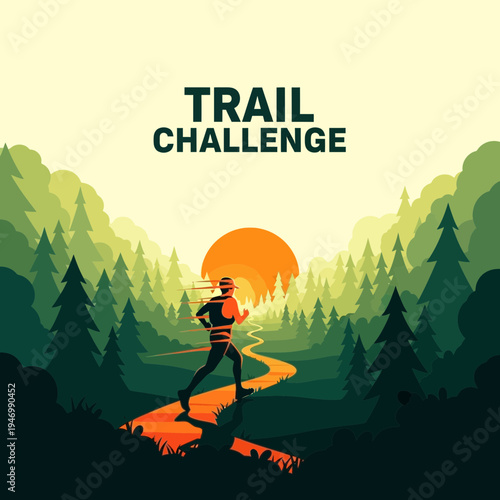 Inspiring Illustration of Trail Runner Navigating Forest Pathway During Sunrise Challenge