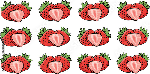 Fresh strawberry fruit vector illustration set with whole and half strawberries, colorful sweet berry collection for healthy food design isolated
