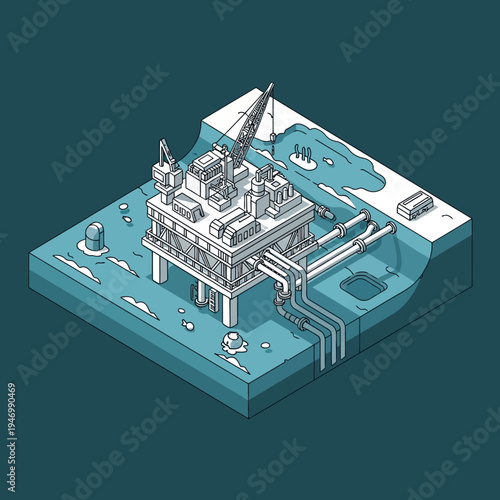 Isometric illustration of an offshore oil rig, showcasing its complex infrastructure and operations.