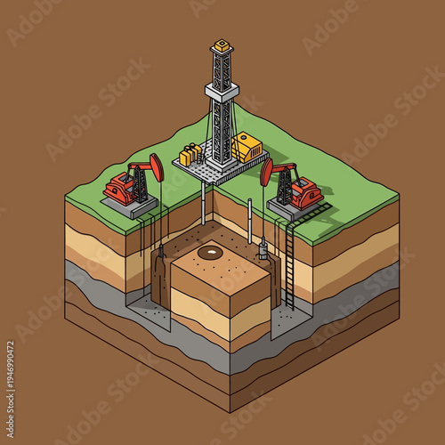 Isometric illustration of an oil drilling operation, showcasing subsurface layers and equipment.