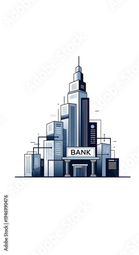 Modern city bank building illustration with skyscrapers and financial district